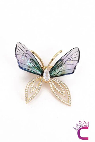 Cinderella Mavi Degrade Kanatlı Taşlı Kelebek Broş - Kelebekli Hediyelik Elbi...