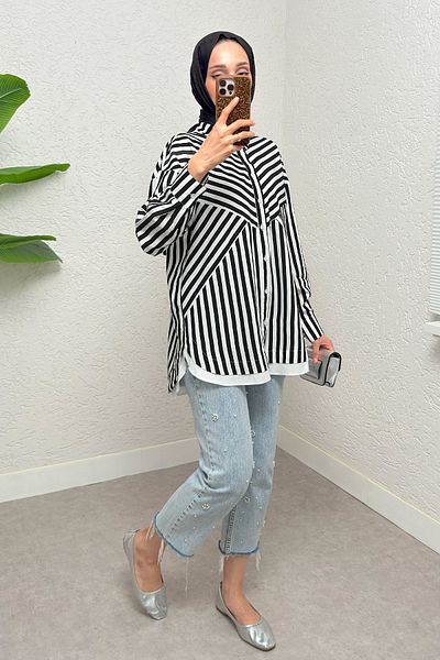 Salih Çelebi Asymmetrical Striped Hijab Shirt 2267 - Black