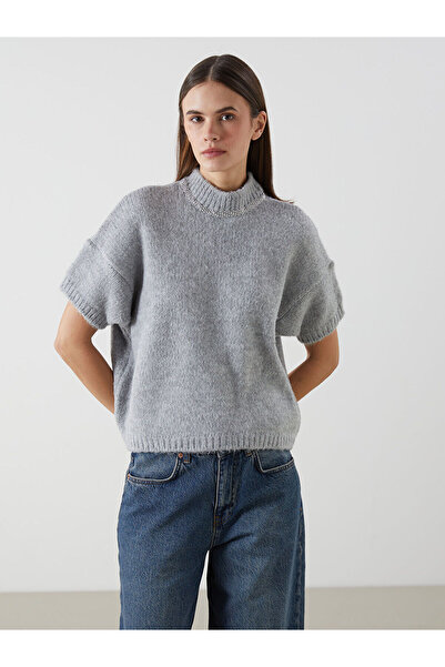 LC Waikiki XSIDE Grauer Damen-Strickpullover mit Steinen und Stehkragen