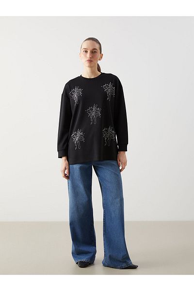 LC Waikiki Crew Neck Stoned Oversize Women's Sweatshirt Tunic