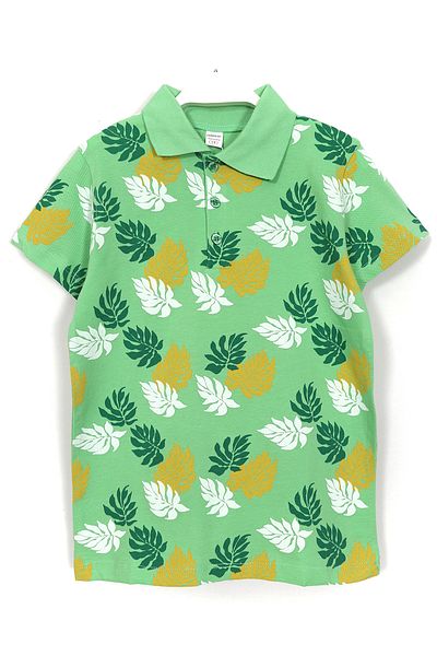 DobaKids Leaf Patterned Summer Polo Neck Boy's T-Shirt Green
