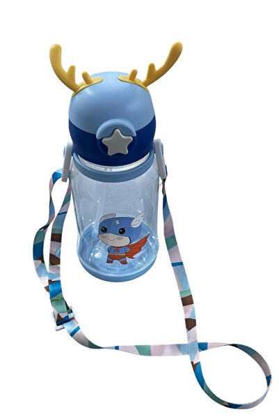 GÜZELYÜZ AVM Geyik Model Mavi Şeffaf Pipetli Matara 700ml | Askı İpli Su Matarası Şişe Suluk Kulaklı Boynuzlu