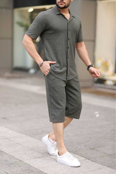 Know Men's Khaki Waffle Fabric Capri Shorts Shirt Set