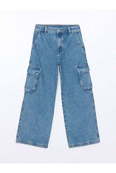 LC Waikiki LCW Kids Mavi Beli Ayarlanabilir Lastikli Kız Çocuk Kargo Jean Pan...
