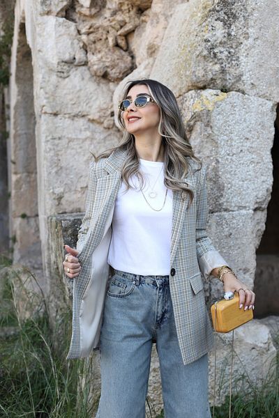 bytugcekaya Μπλέιζερ με πέτρινο καρό μοτίβο με ένα κουμπί