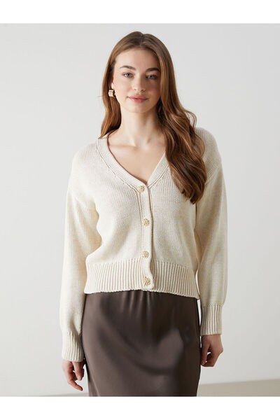 LC Waikiki Lcw Vision Ecru V-Neck Women's Knitwear Cardigan