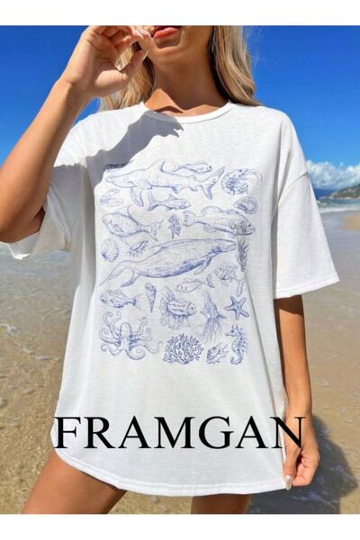 Framgan Kadın Yazlık Deniz Baskılı Beyaz T-Shirt