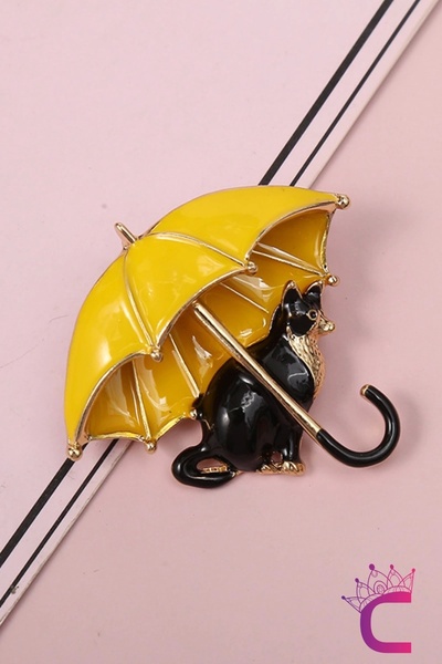 Cinderella Sarı Şemsiyeli Siyah Kedi Tasarım Broş - Kedili Hediyelik Elbise Ceket Yaka İğnesi Broşu