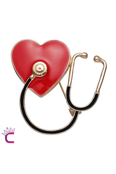 Cinderella Kırmızı Kalpli Steteskop Doktor Broş - Hediyelik Sağlıkçı Hemşire Arkadaşa Ceket Yaka İğnesi Broşu