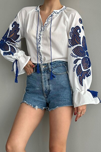 POİSE Ethnic Pattern Embroidery Embroidered Linen Blouse