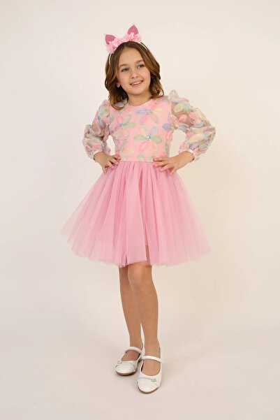 Genel Markalar Kız Çocuk Pembe Karışık Renkli Çiçek Desenli Kolları Tül Elbise 23 Nisan 29 Ekim Gösteri Kıyafeti