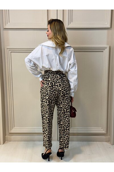 FEHUBLOOM Brown Front Pleat Detailed Wide Leg Leopard Trousers