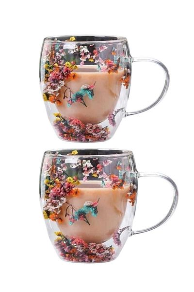 DMR 2 Pieces Glass Double Wall Flowers with Handle