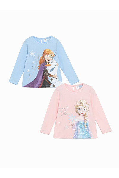 LC Waikiki LCW Kids Pembe Bisiklet Yaka Elsa Baskılı Kız Çocuk Tişört 2'li