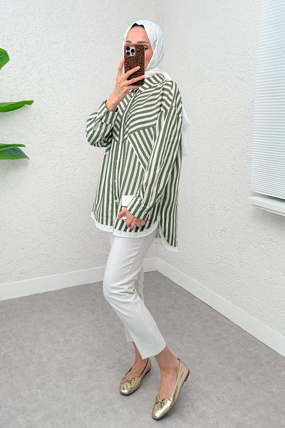 Salih Çelebi Ασύμμετρο ριγέ πουκάμισο Hijab 2267 - KHAKI