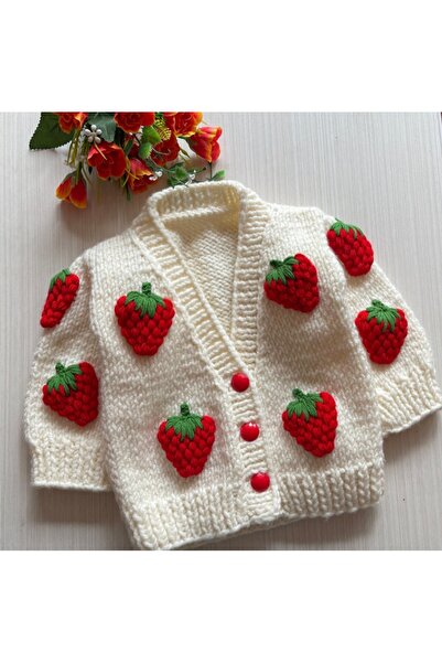 ThreadArtByNur El Örgüsü Çilek Detaylı Kız Bebek ,Çocuk Hırkası