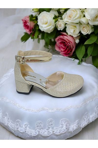 PATİK BEBE Set rochie de seara cu sclipici de culoare aurie si pantofi cu toc patrat pentru fetita