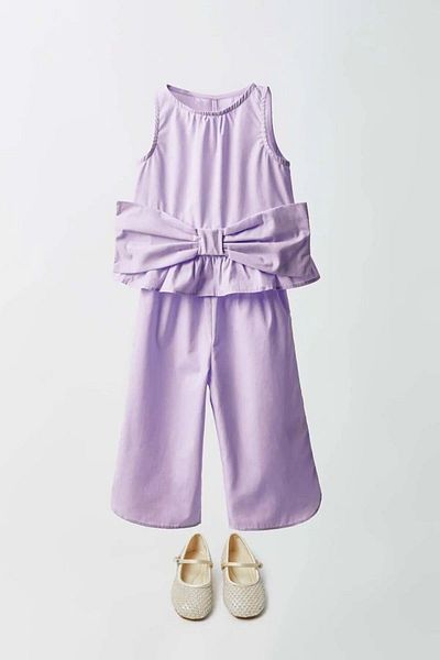 Magu Purple Poplin Bow Girl's Shirt and Trousers Set