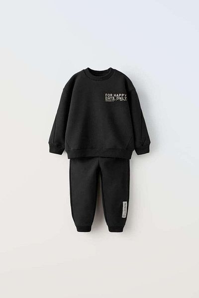 Magu Boy's Cotton Sweatshirt and Jogger Tracksuit Set - Black Slogan