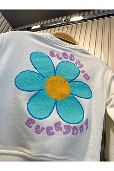 Magu Blue Floral Patterned Cotton Sweatshirt and Ribbed Leggings Set for Girls