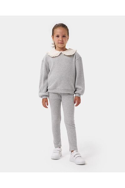 Magu Girl's Purple Baby Collar Cotton Sweatshirt Tights Top and Bottom Set