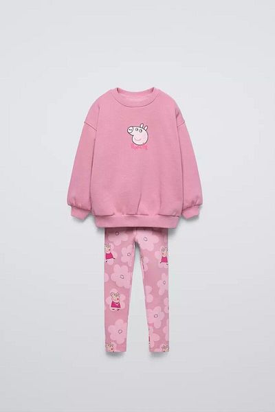 Magu Pink Peppa Patterned Girl's Sweatshirt and Tights - 3 Thread Cotton Set