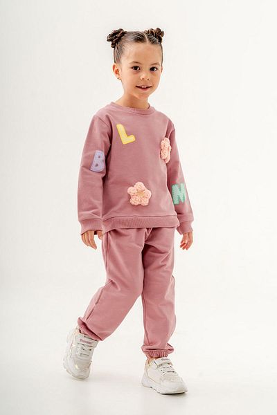 Magu Blom Pink Floral Patterned Cotton Sweatshirt and Sweatpants Set for Girls