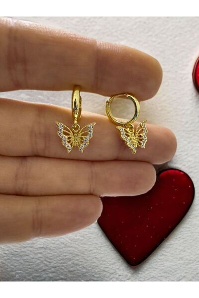 Arescollection rodyum kaplama zirkon taşlı kararmaz 1 çift kelebekli halka küpe