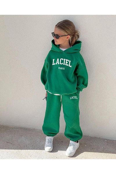 Magu Unisex Children's Green Slogan Winter Cotton Hooded Sweatshirt Tracksuit Tights Top and Bottom Set