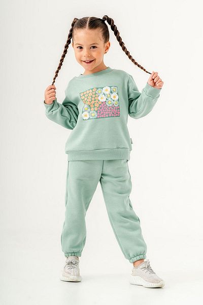 Magu Daisy Patterned Girl's Cotton Sweatshirt and Sweatpants Set