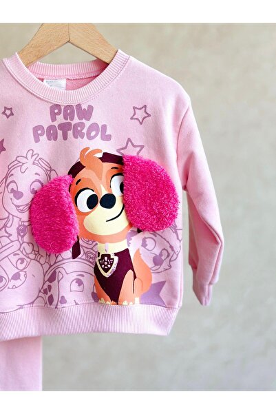 Magu Pink Paw Petrol Patterned Girl's Sweatshirt and Tights - 3 Thread Cotton Set