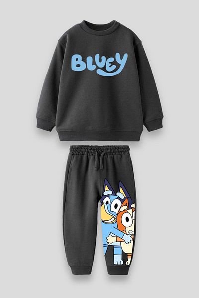 Magu Black Bluey Patterned Cotton Sweatshirt and Sweatpants Set for Boys