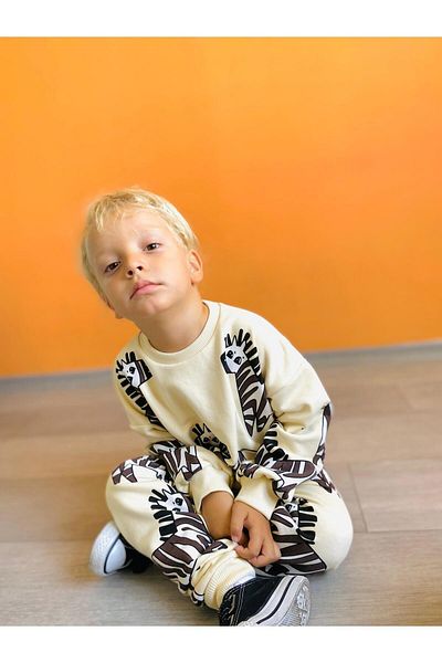 Magu Boy's Zebra Patterned Cotton Sweatshirt and Sweatpants Set