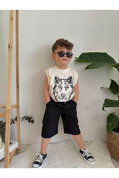 Magu Wolf Pattern Parachute Fabric Jacket and T-Shirt Shorts for Boy - 3 Piece Set