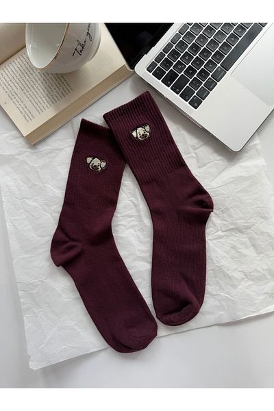 AYDK Dog Embroidered Cute Sweet Summer Winter Claret Red Unisex Single Socket Socks.