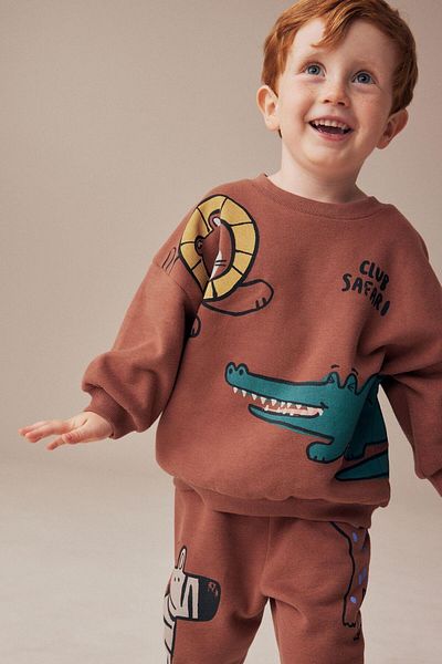 Magu Boy's Brown Animal Patterned Winter 3 Thread Cotton Sweatshirt Tracksuit Top and Bottom Set