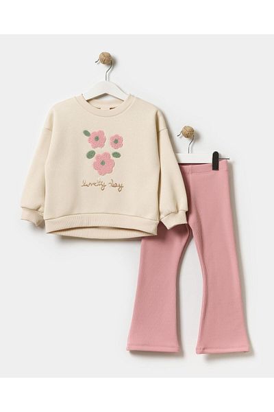 Magu Girl's Floral Embroidered Cotton Sweatshirt Spanish Tights Top and Bottom Set
