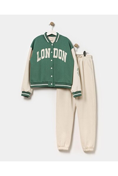 Magu Girl's Winter London Patterned Hooded Cotton Jacket T-Shirt Tracksuit Top and Bottom Set