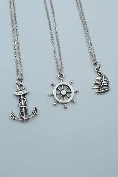 Bu Farklı 3'lü Gemici Dümen Çapa Yelkenli Gümüş Kaplama Kolye Seti