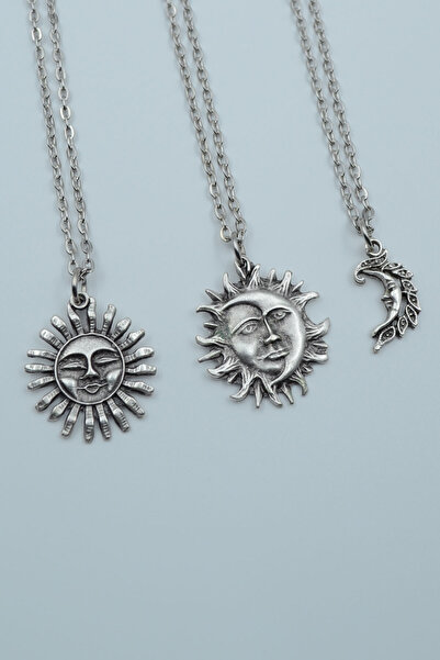 Bu Farklı 3'lü Gülen Güneş Aydede Ay Gümüş Kaplama Kolye Seti