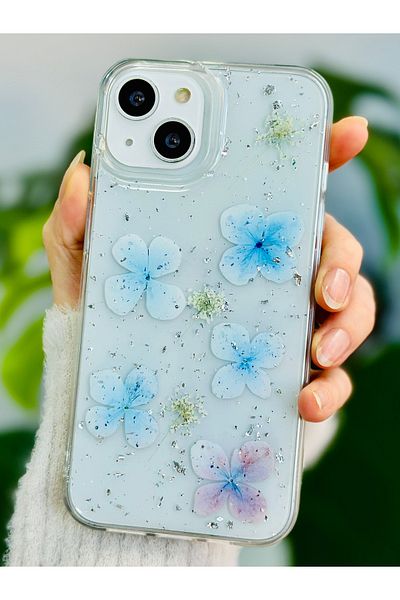 Go Aksesuar حافظة سيليكون بتصميم زهرة فضية زرقاء متوافقة مع هاتف Iphone 14 Plus - 15 Plus