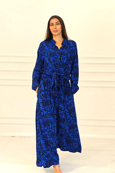 Keyifli Moda Markano Saks Set pantaloni cămașă cu mâneci cu model albastru și buzunare