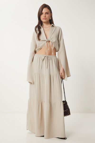 Lovelyİstanbul Muslin Crop-Skirt Set Bej Lus0088