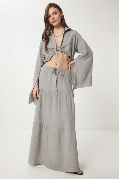 Lovelyİstanbul Muslim Crop-Skirt Suit Gray Lus0088