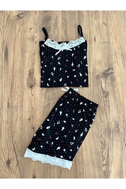 Dantel Detaylı Siyah Şortlu Pijama Takımı