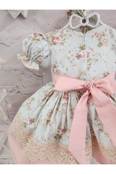 Linarookids Mint Green Salmon Vintage Baby Girl Dress, Birthday, Photo Shoot Dress, Suitable for 0-13 Years Old