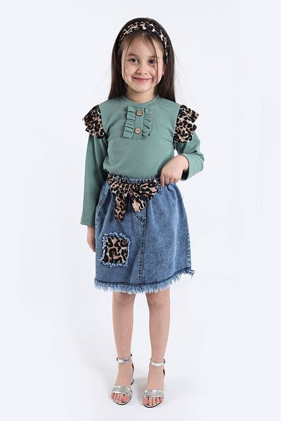 aden kids Belt and Bandana Suit with Denim Skirt