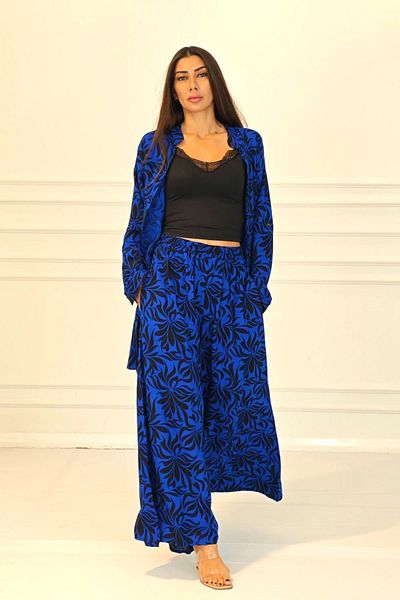 Keyifli Moda Markano Saks Set pantaloni cămașă cu mâneci cu model albastru și buzunare