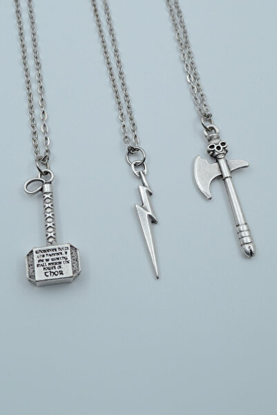 Bu Farklı 3'lü Thor Çekiç Flash Şimşek Kuru Kafa Balta Gümüş Kaplama Kolye Seti