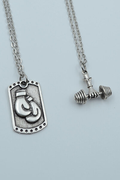 Bu Farklı 2'li Boks Eldiveni Künye Dambıl Halter Gümüş Kaplama Kolye Seti